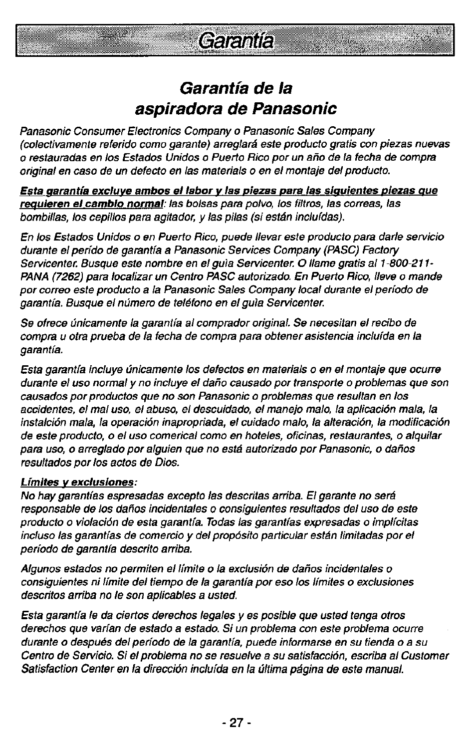 Щщвшпш, Garantía de la aspiradora de panasonic | Panasonic QUICKDRAW MC-V7399 User Manual | Page 27 / 28