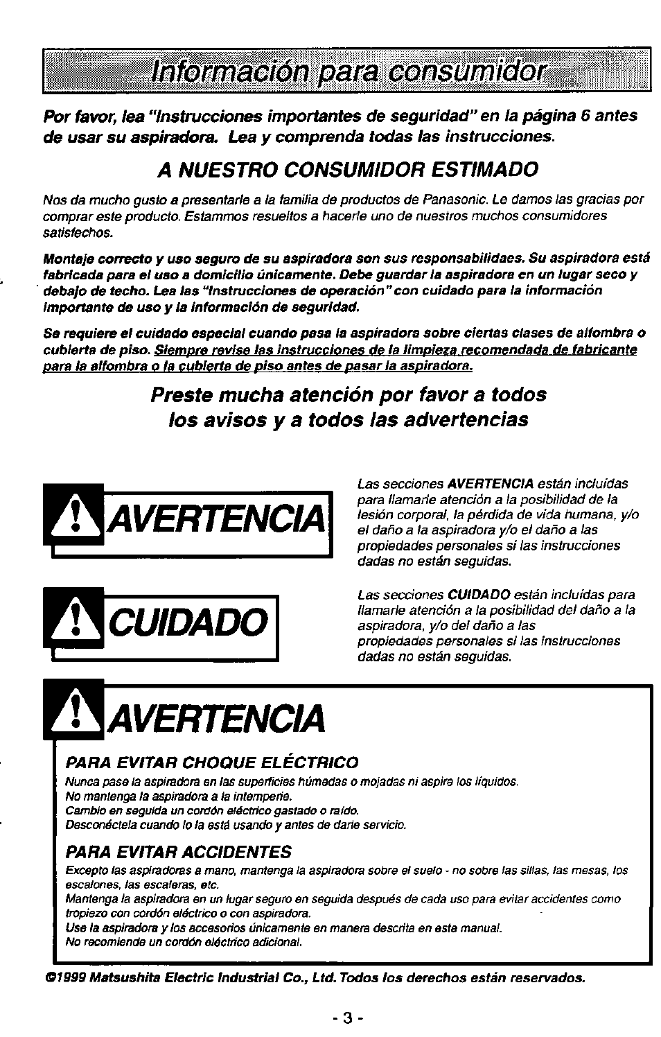 Avertencia, Cuidado, Información para consurriidor | Panasonic QUICKDRAW MC-V7399 User Manual | Page 3 / 28