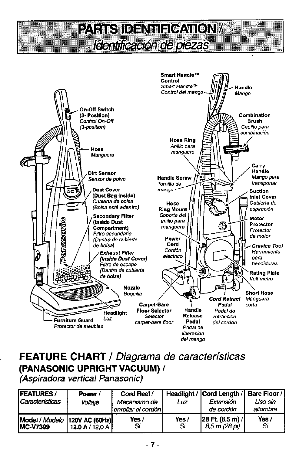 Panasonic upright vacuum), Páisliid^ih©i4l0nl, Feature chart / diagrama de características | Aspiradora vertical panasonic), Model, 0,5 m | Panasonic QUICKDRAW MC-V7399 User Manual | Page 7 / 28