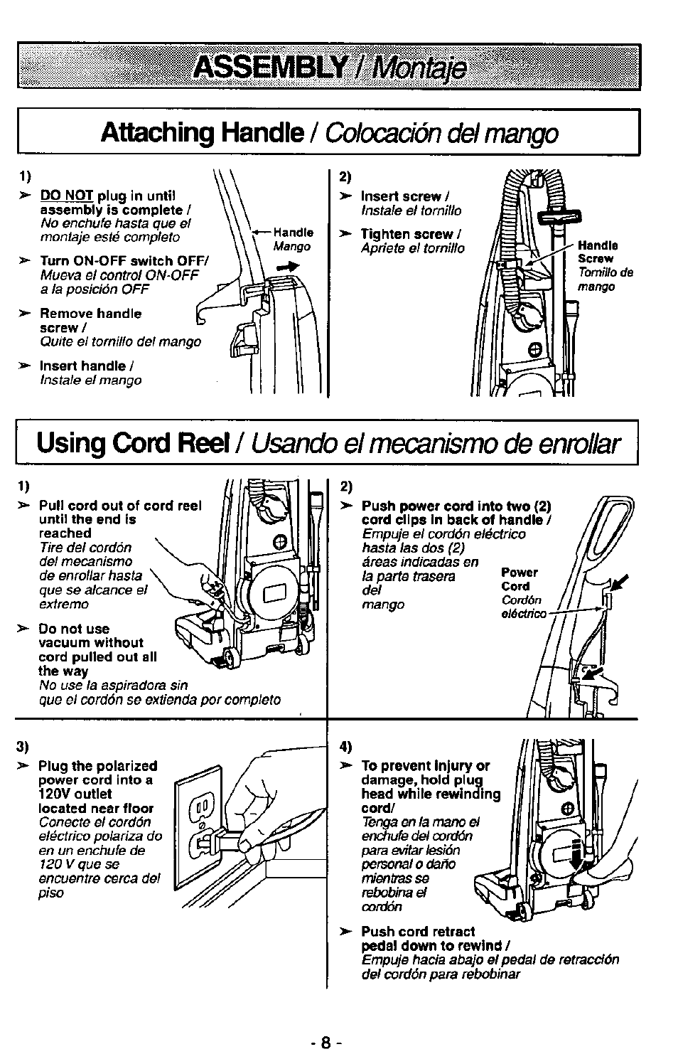 Turn on-off switch off, Remove handle screw, Insert handle | Assembly, Monfájé | Panasonic QUICKDRAW MC-V7399 User Manual | Page 8 / 28