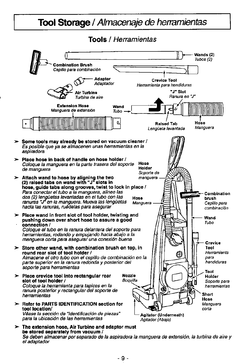 Tool storage / almacenaje de herramientas, Some tools may already be stored on vacuum cleaner, Place hose in back of handle on hose holder | Tool storage, Alm acenaje de herram ientas, Almacenaje de herramientas, Tools, Herramientas, Hose | Panasonic QUICKDRAW MC-V7399 User Manual | Page 9 / 28