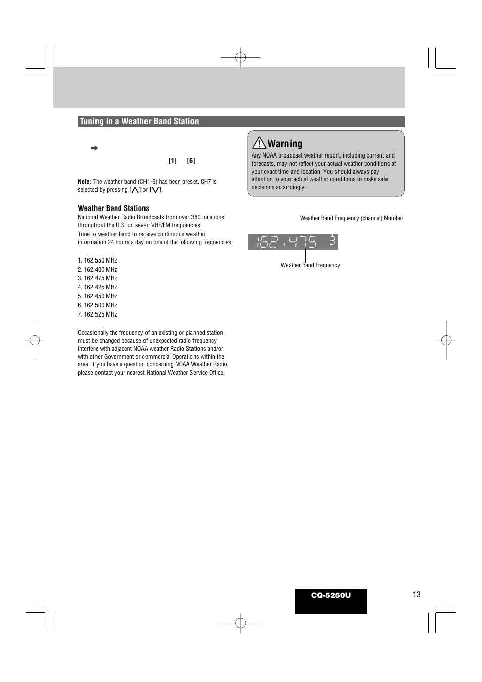 Warning | Panasonic CQ-5250U User Manual | Page 13 / 36