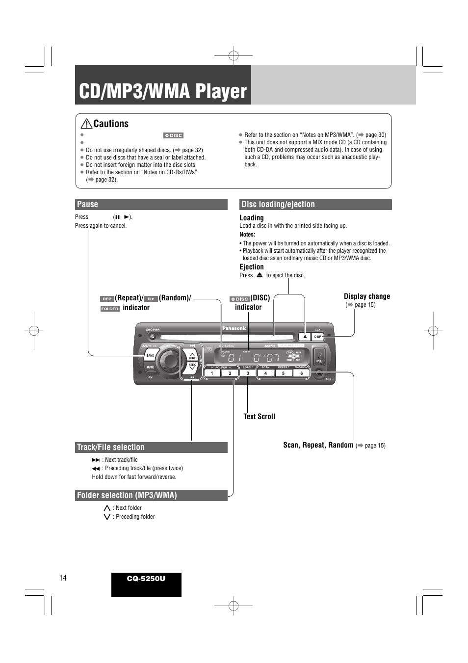 Cd/mp3/wma player, Cautions | Panasonic CQ-5250U User Manual | Page 14 / 36