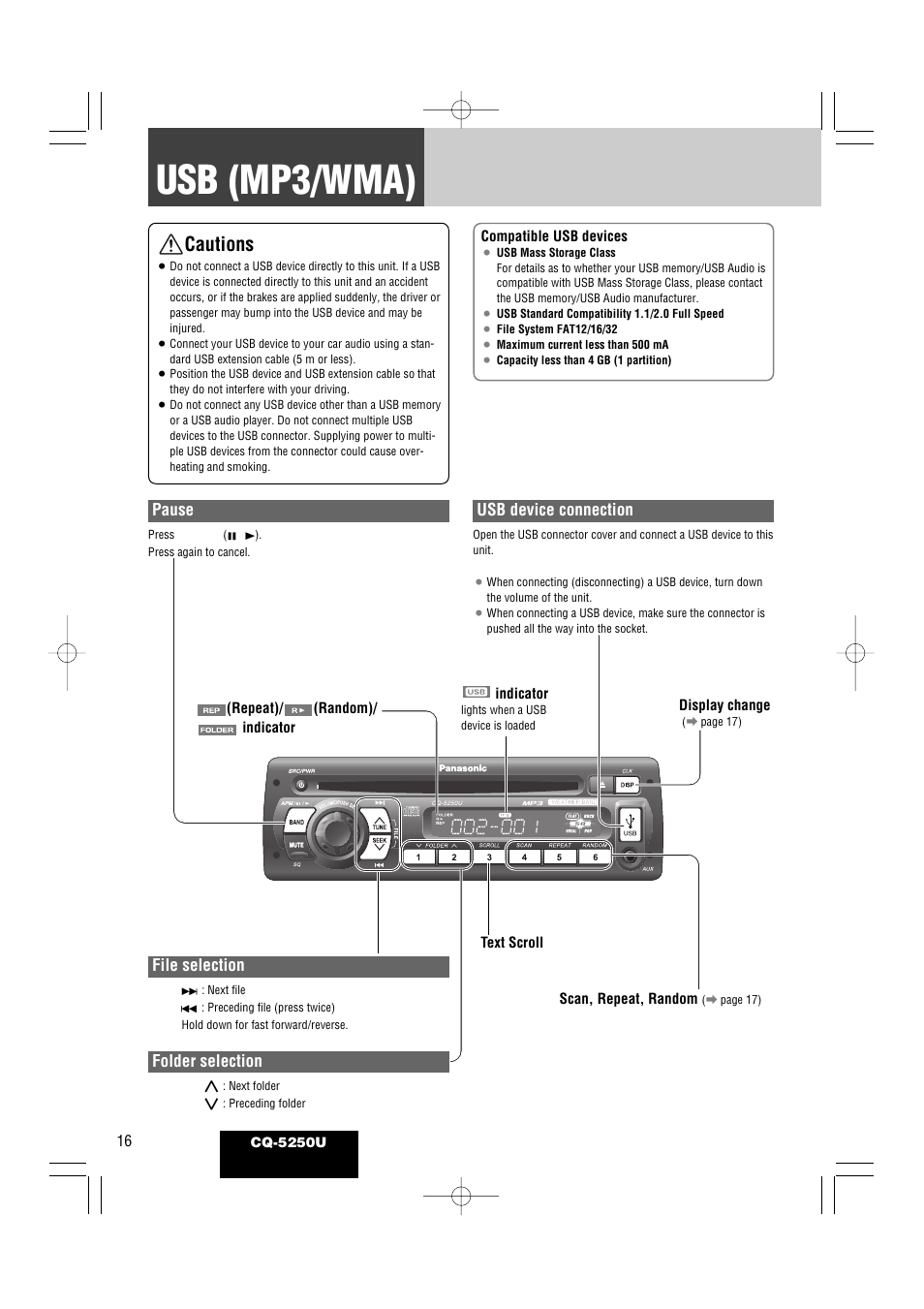Usb (mp3/wma), Cautions | Panasonic CQ-5250U User Manual | Page 16 / 36