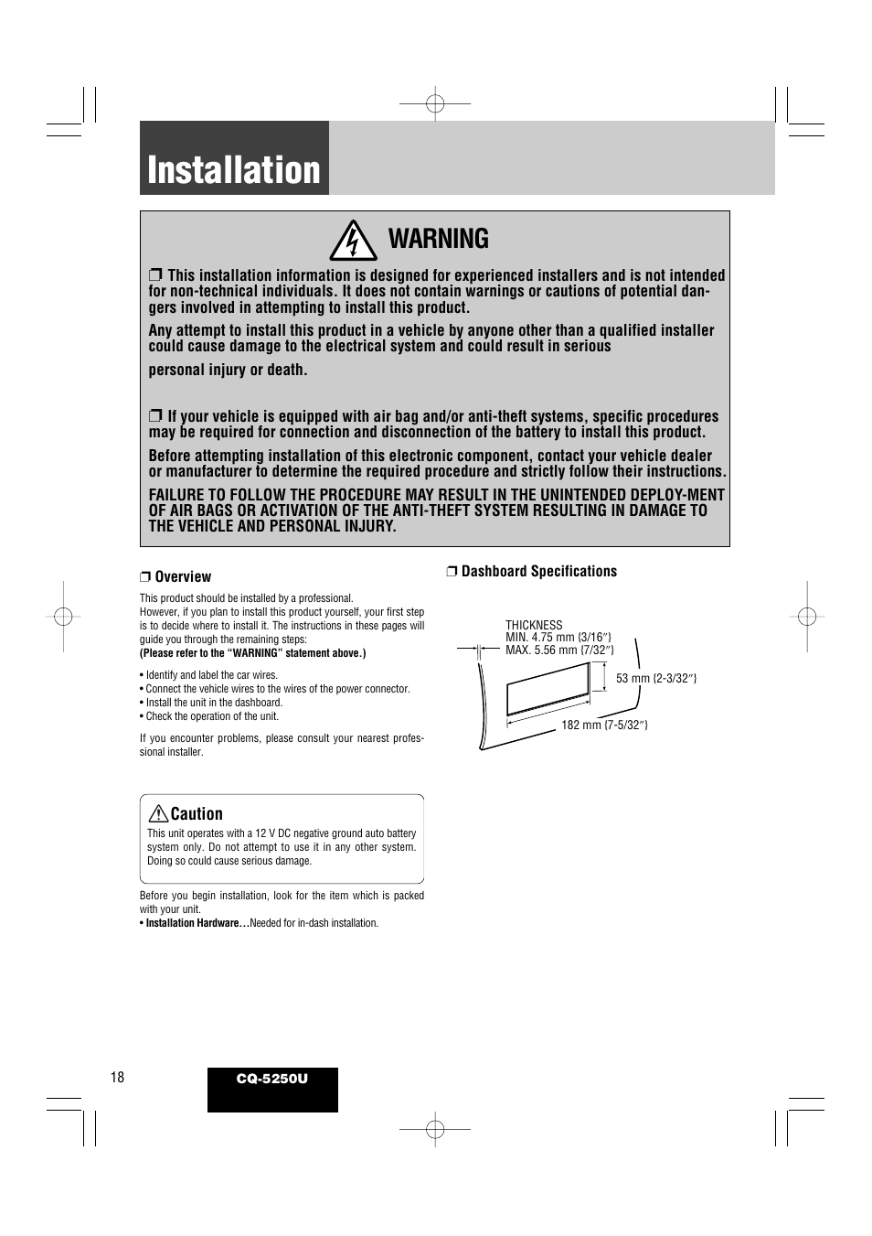 Installation, Warning | Panasonic CQ-5250U User Manual | Page 18 / 36