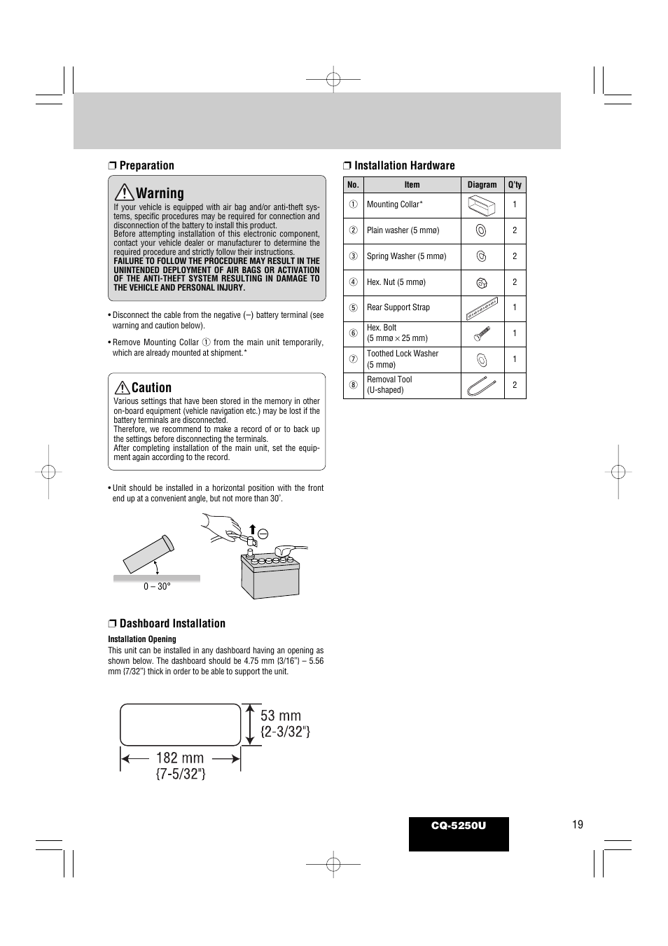 Warning, Caution | Panasonic CQ-5250U User Manual | Page 19 / 36