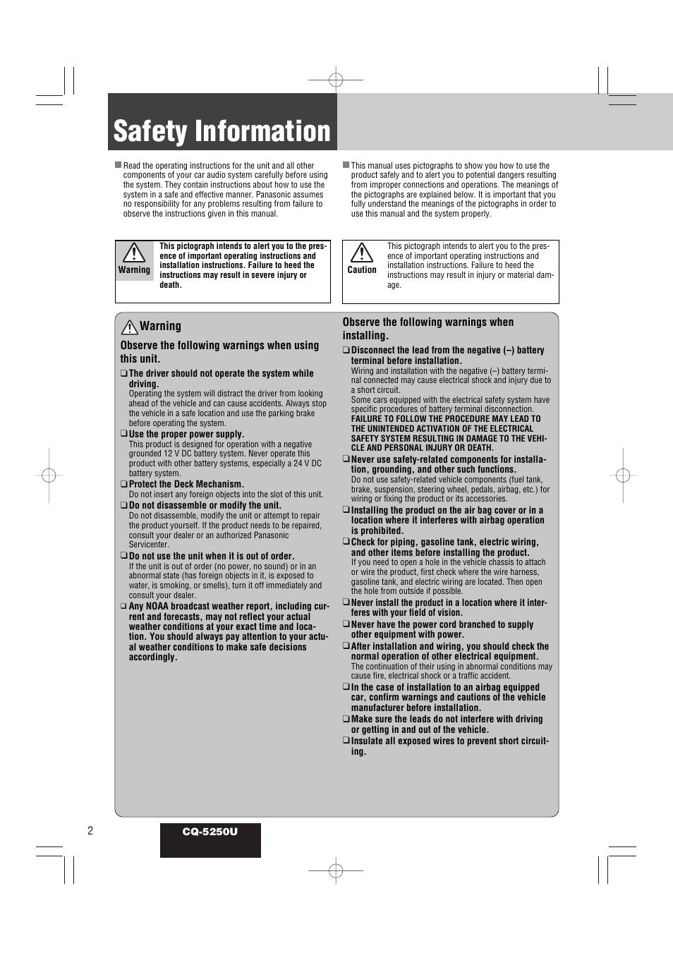 Safety information, Warning | Panasonic CQ-5250U User Manual | Page 2 / 36