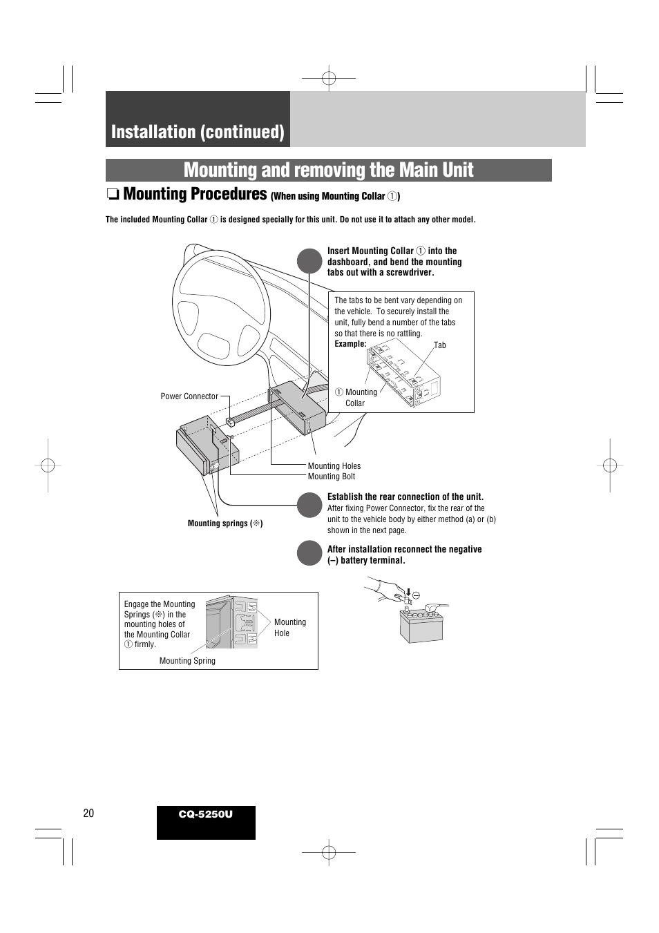 Mounting and removing the main unit, Installation (continued), Mounting procedures | Panasonic CQ-5250U User Manual | Page 20 / 36