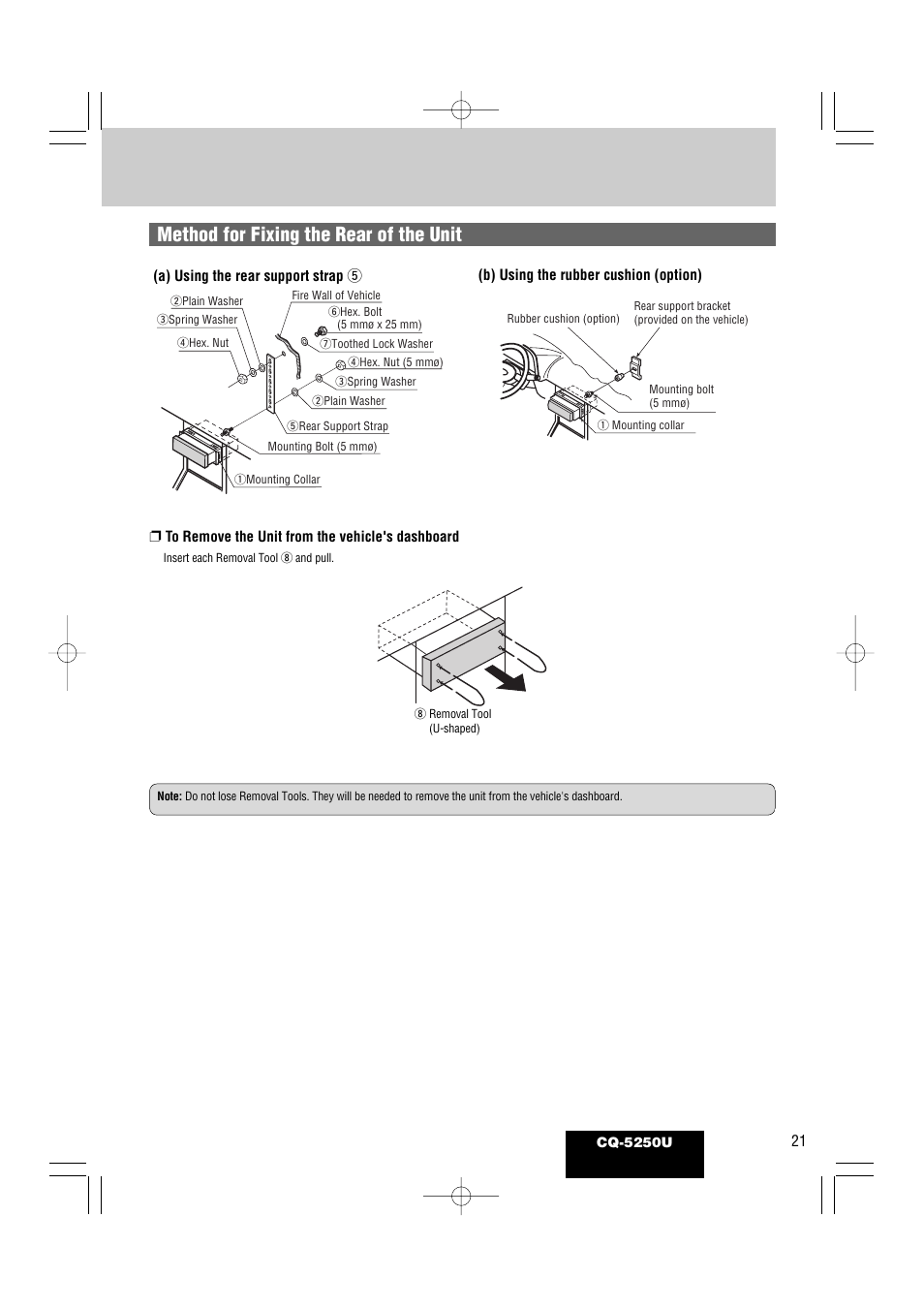 Method for fixing the rear of the unit | Panasonic CQ-5250U User Manual | Page 21 / 36