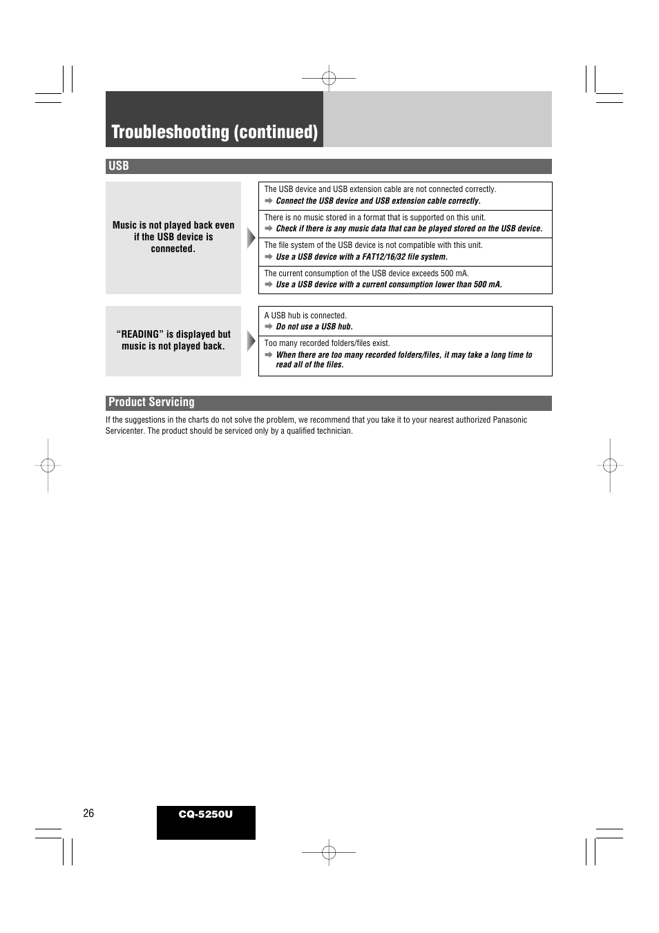 Troubleshooting (continued), Product servicing | Panasonic CQ-5250U User Manual | Page 26 / 36