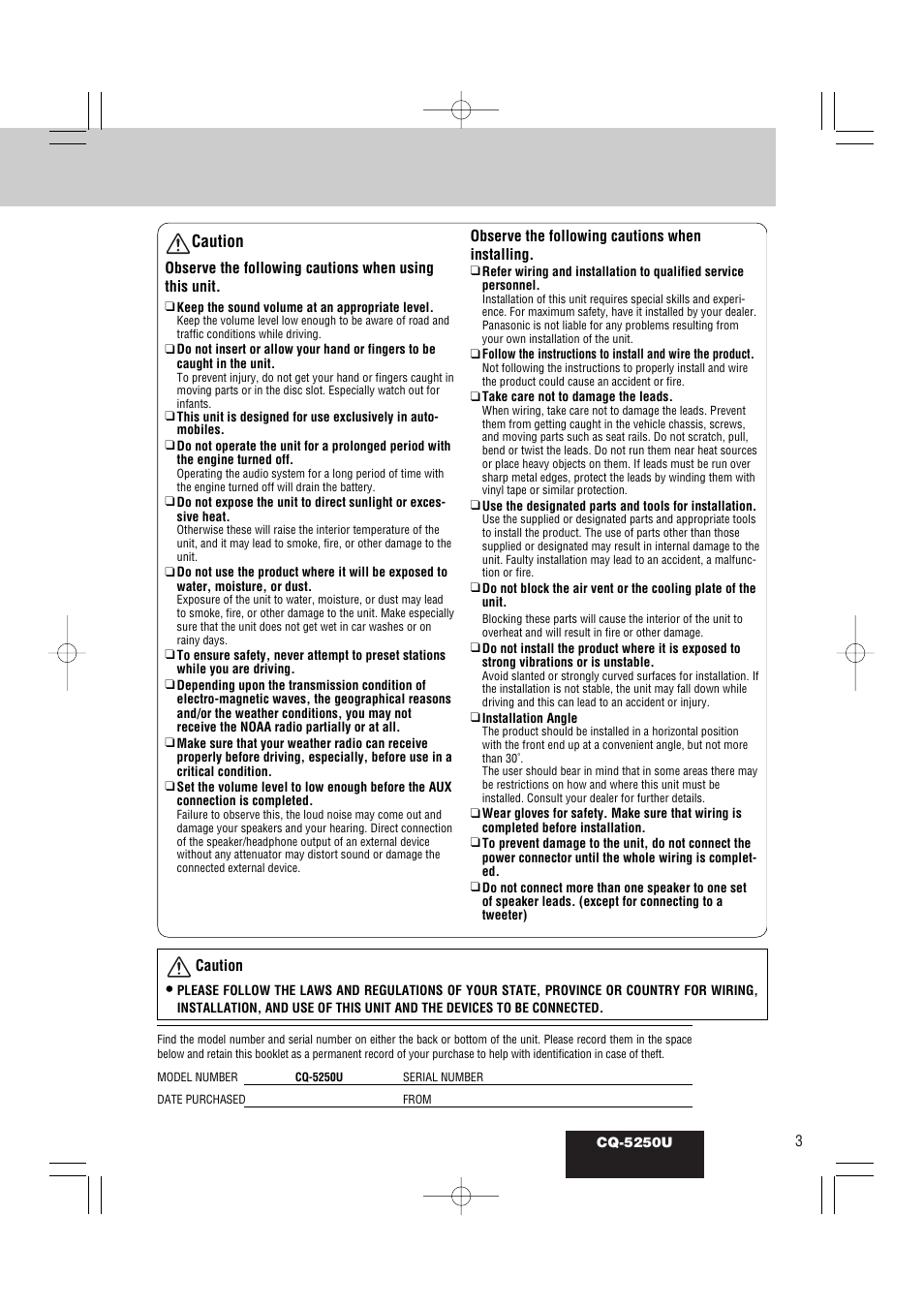 Caution | Panasonic CQ-5250U User Manual | Page 3 / 36