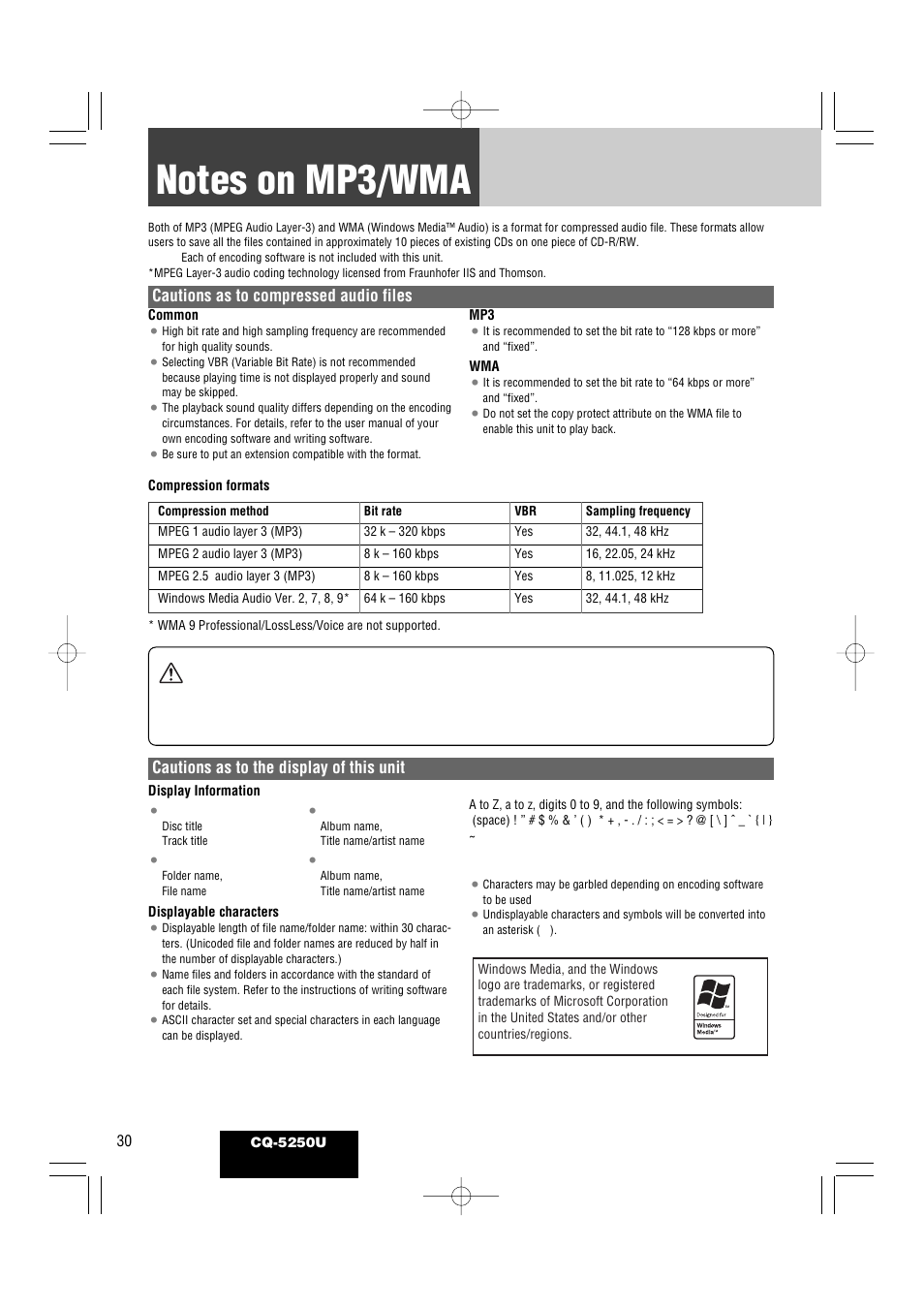 Notes on mp3/wma, Caution, Cautions as to compressed audio files | Cautions as to the display of this unit | Panasonic CQ-5250U User Manual | Page 30 / 36