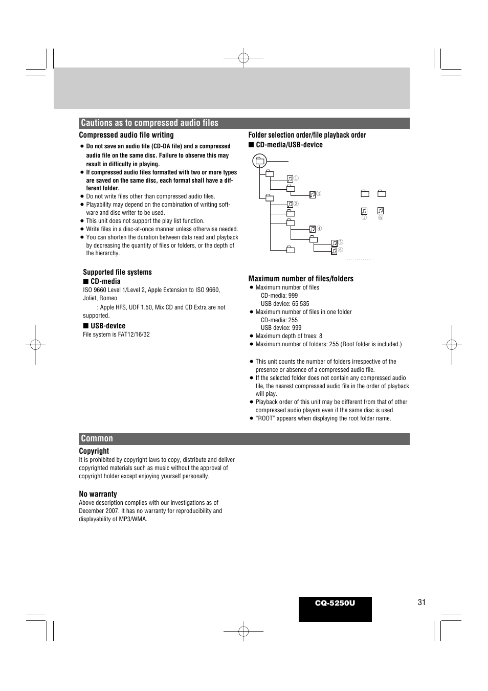 Cautions as to compressed audio files common, Compressed audio file writing, Folder selection order/file playback order | Maximum number of files/folders, Copyright, No warranty | Panasonic CQ-5250U User Manual | Page 31 / 36