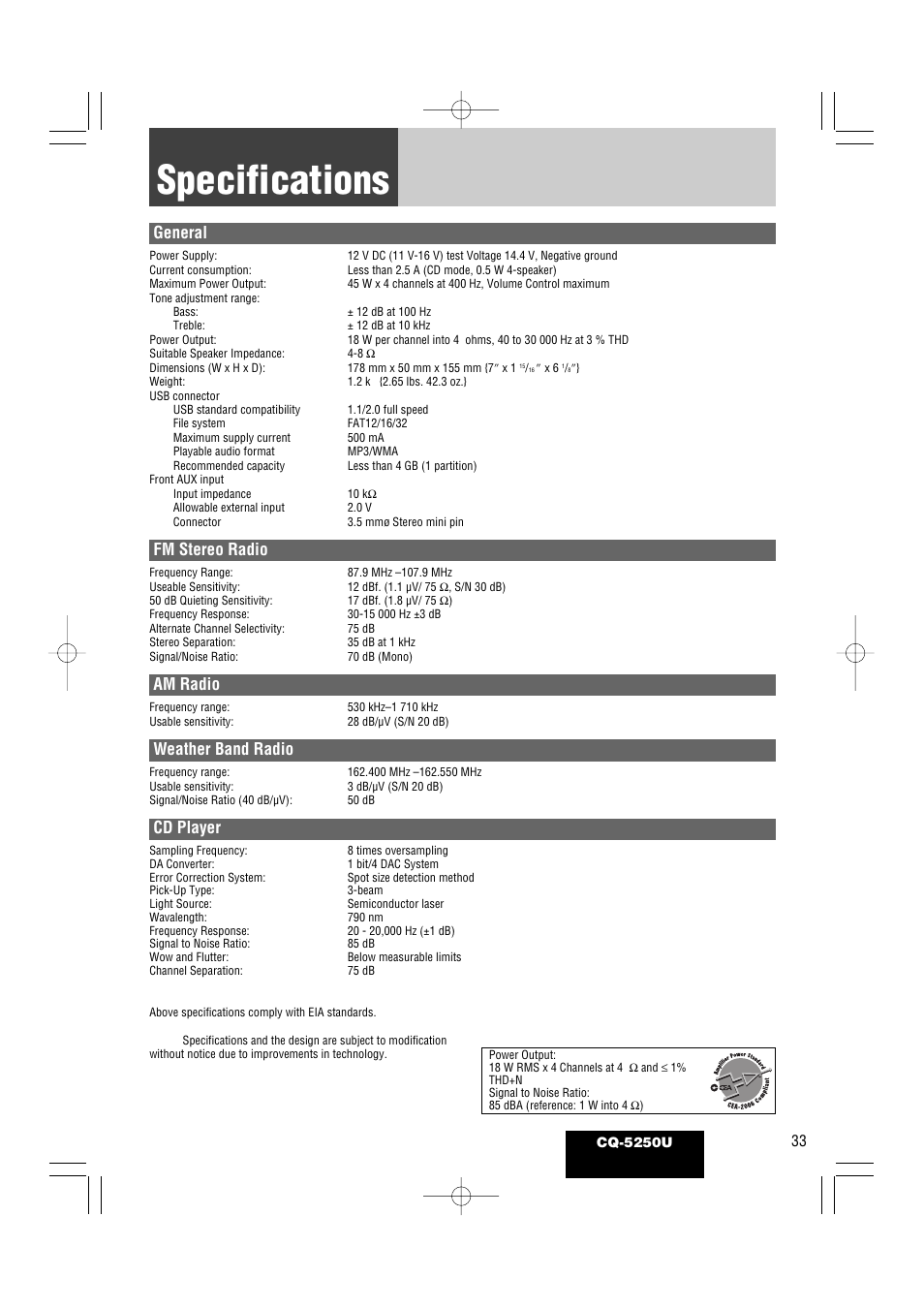 Specifications, General, Fm stereo radio | Am radio, Weather band radio, Cd player | Panasonic CQ-5250U User Manual | Page 33 / 36