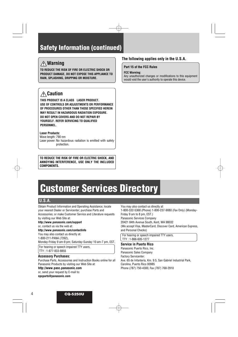 Customer services directory, Safety information (continued), Warning | Caution | Panasonic CQ-5250U User Manual | Page 4 / 36