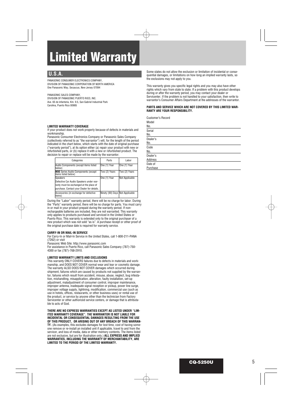 Limited warranty, U.s.a, Cq-5250u | Panasonic CQ-5250U User Manual | Page 5 / 36