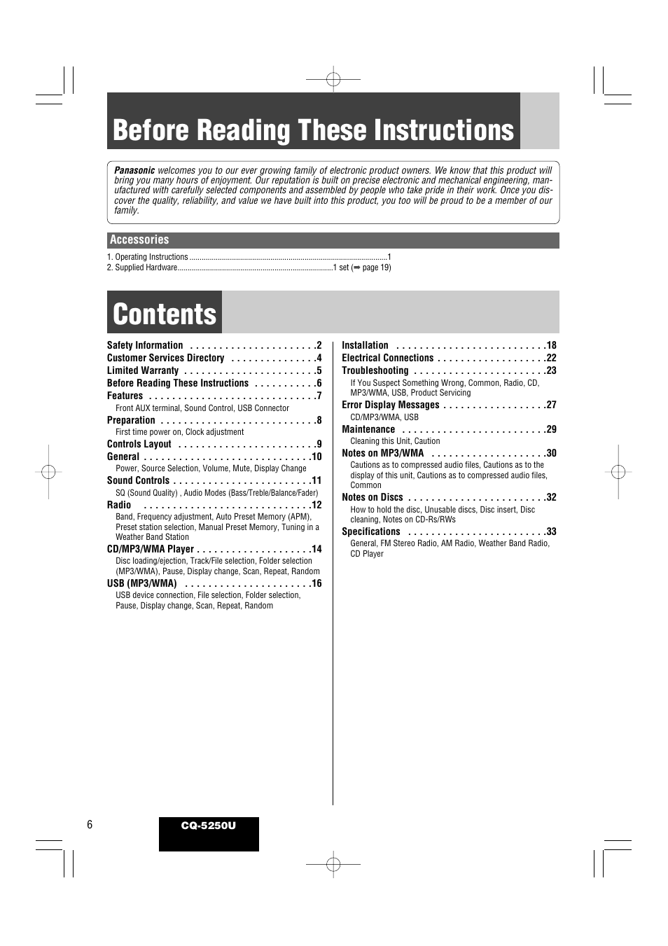 Panasonic CQ-5250U User Manual | Page 6 / 36