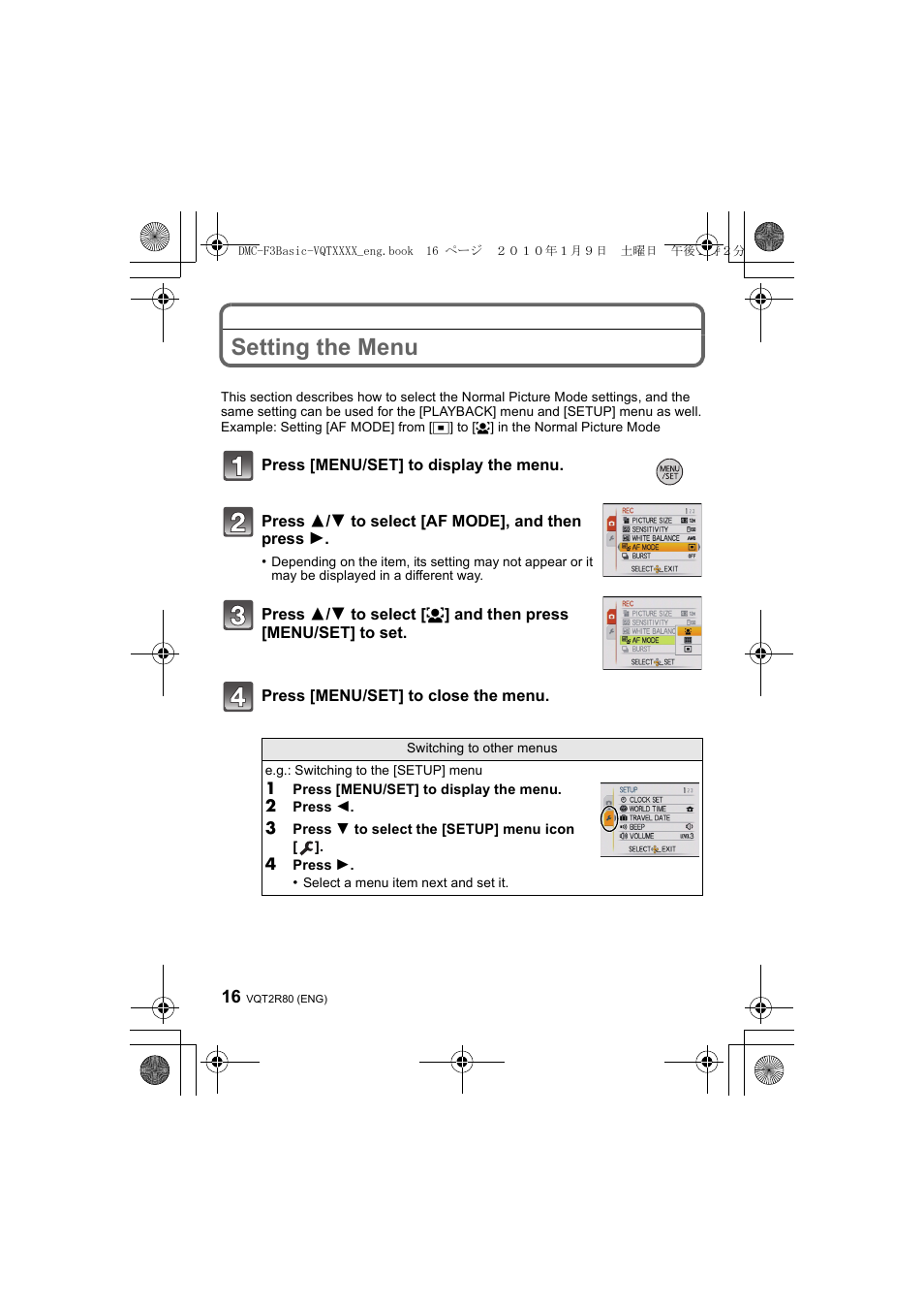 Setting the menu | Panasonic DMC-F3  EN User Manual | Page 16 / 34