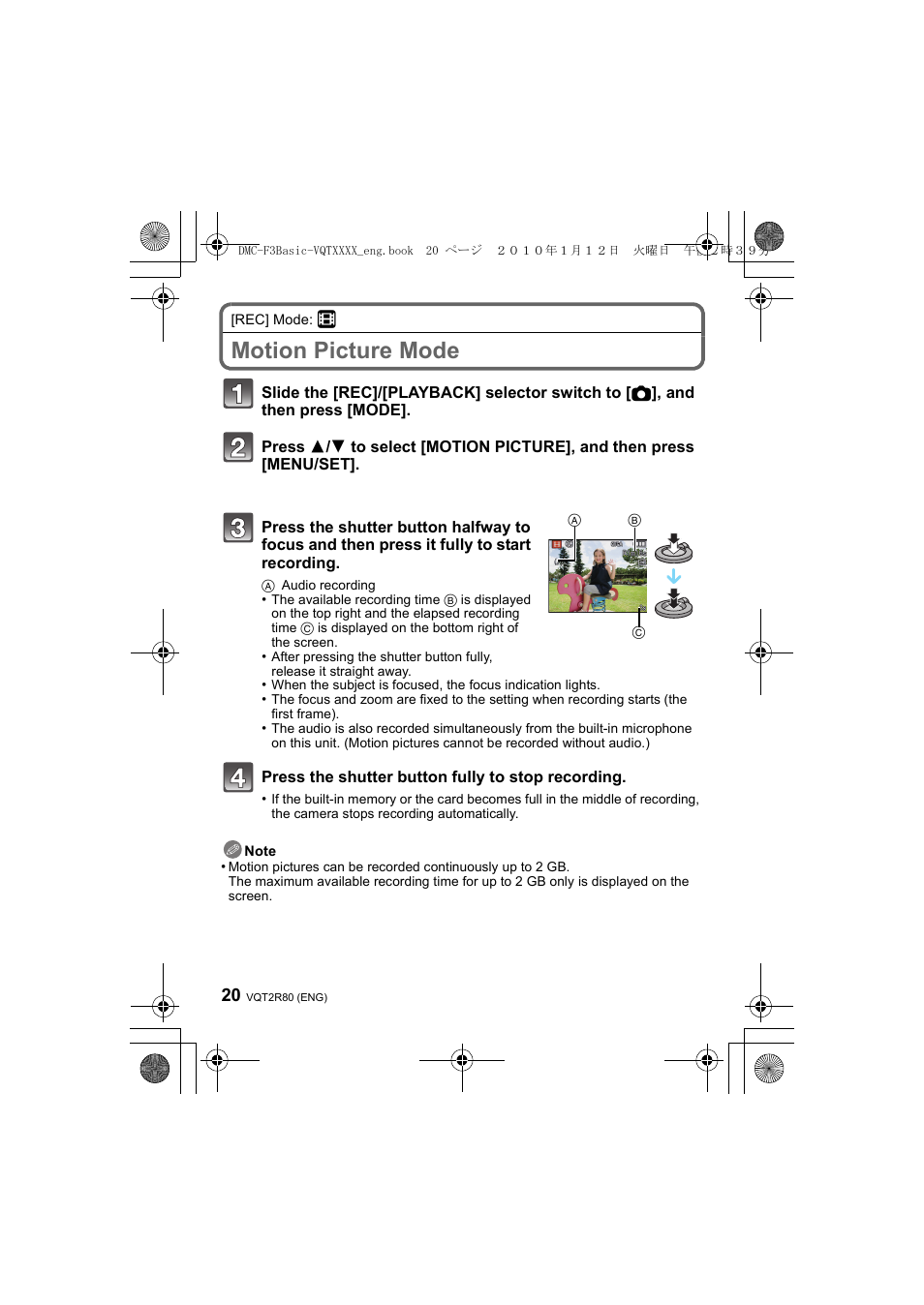 Motion picture mode | Panasonic DMC-F3  EN User Manual | Page 20 / 34