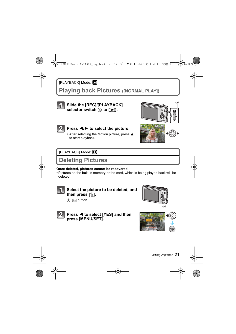 Playing back pictures, Deleting pictures | Panasonic DMC-F3  EN User Manual | Page 21 / 34