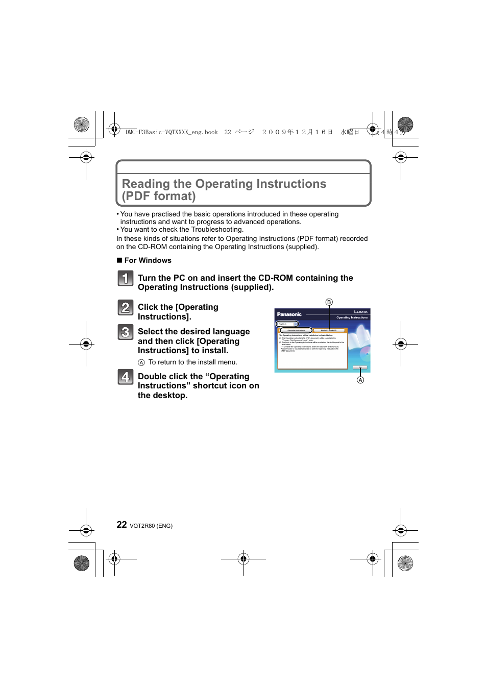 Reading the operating instructions (pdf format) | Panasonic DMC-F3  EN User Manual | Page 22 / 34