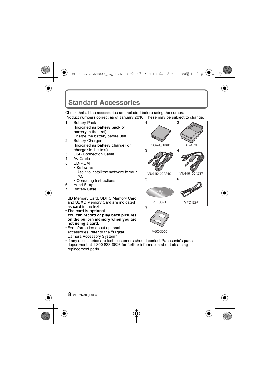 Standard accessories | Panasonic DMC-F3  EN User Manual | Page 8 / 34