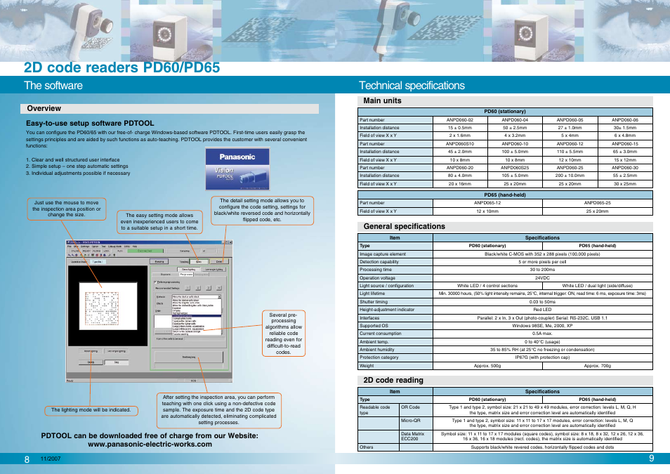 The software, Technical specifications, Overview | Main units 2d code reading, General specifications | Panasonic PD60 User Manual | Page 5 / 6