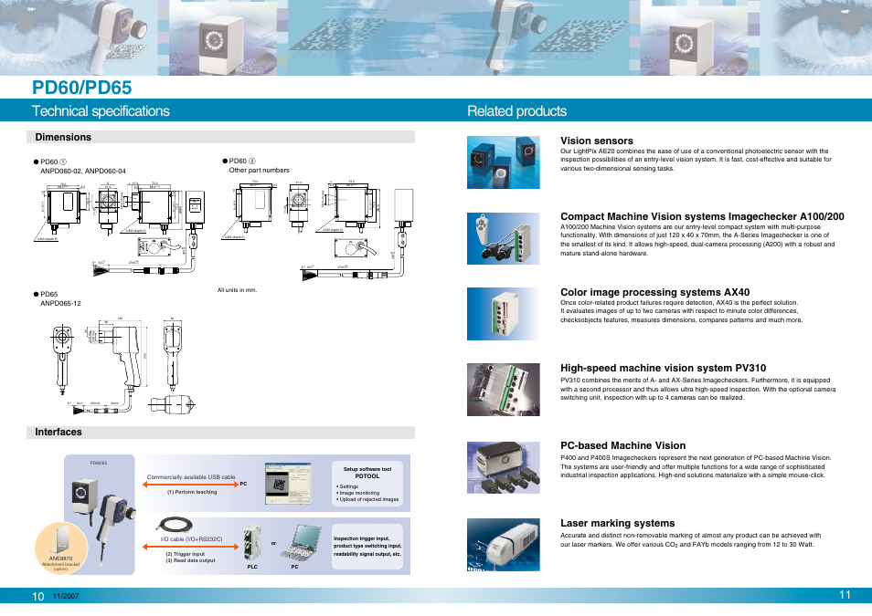 Pd60/pd65, Related products, Technical specifications | I/o pd60 ok/ng alarm ready, Dimensions vision sensors, High-speed machine vision system pv310, Pc-based machine vision, Color image processing systems ax40, Interfaces laser marking systems | Panasonic PD60 User Manual | Page 6 / 6