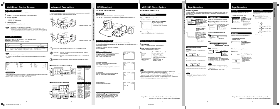 Tape operation, Vhs hi-fi stereo system, Mts broadcast | Advanced connections, Multi-brand control feature, Search system, For model pv-v4522 only, T a pe oper ation, Mts br oadcast • vhs hi-fi ster eo system | Panasonic PV-V4022 User Manual | Page 10 / 12