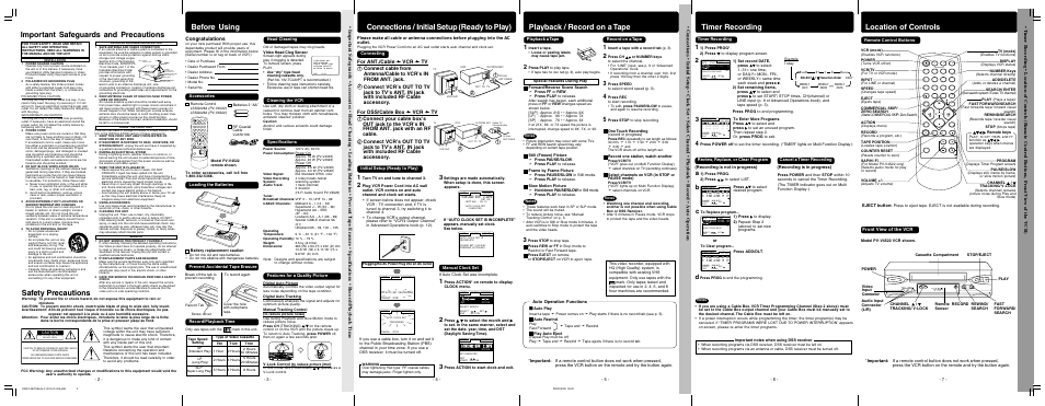 Timer recording, Location of controls, Playback / record on a tape | Connections / initial setup (ready to play), Before using, Important safeguards and precautions, Safety precautions, Front view of the vcr, Lsqt0507b(basic operations) - back | Panasonic PV-V4022 User Manual | Page 4 / 12