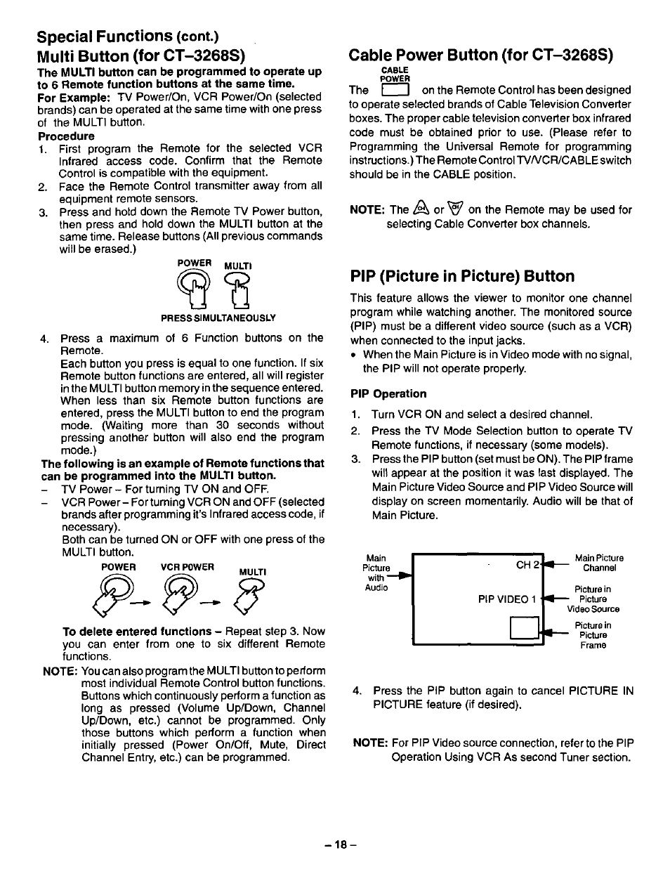 Multi button (for ct-3268s), Cable power button (for ct-3268s), Pip (picture in picture) button | Pip operation, Special functions | Panasonic CT-3268S User Manual | Page 18 / 36
