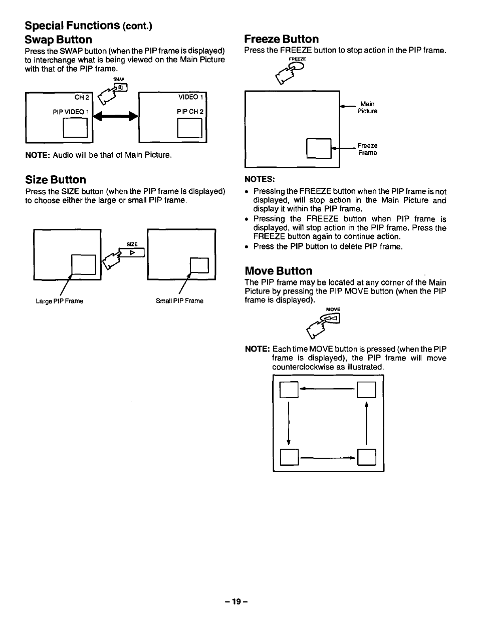 Swap button, Freeze button, Size button | Move button, Swap button size button, Freeze button move button, Special functions | Panasonic CT-3268S User Manual | Page 19 / 36