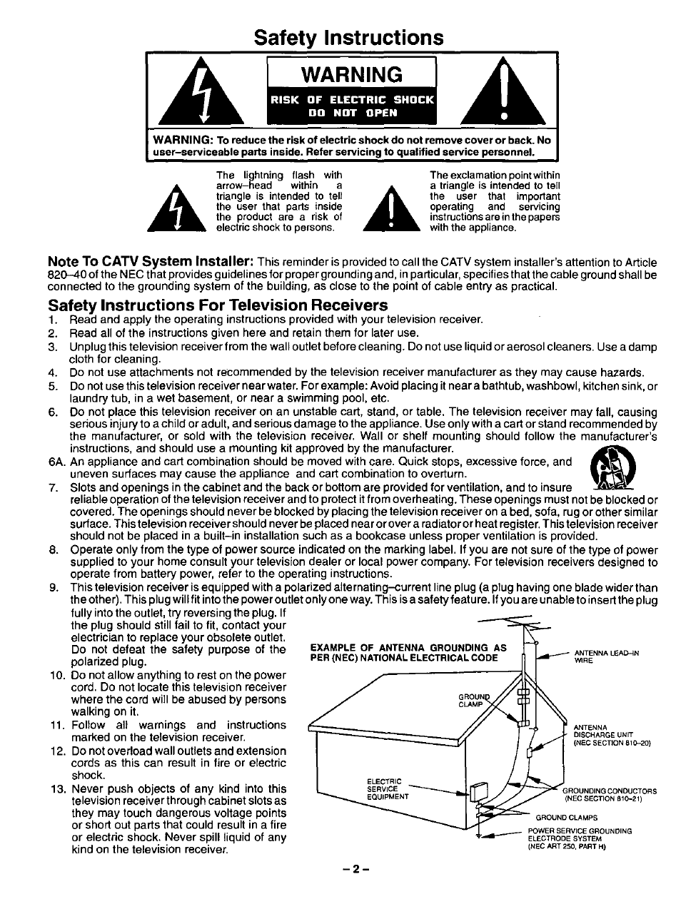 Safety instructions, Warning, Safety instructions for television receivers | Safety instructions warning | Panasonic CT-3268S User Manual | Page 2 / 36