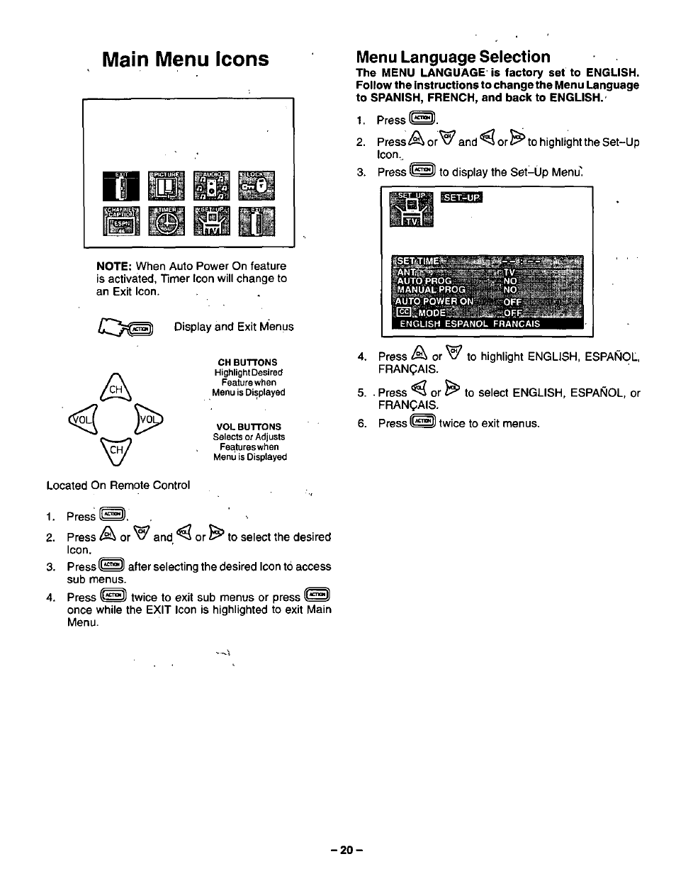 Menu language selection, Main menu icons, 5^ imi | Panasonic CT-3268S User Manual | Page 20 / 36