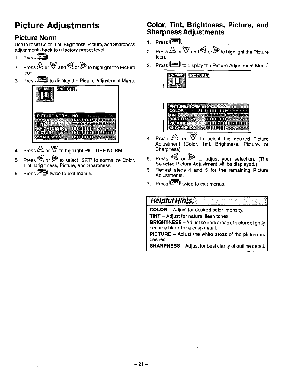 Picture adjustments, Picture norm, Helpfulhmts | Panasonic CT-3268S User Manual | Page 21 / 36