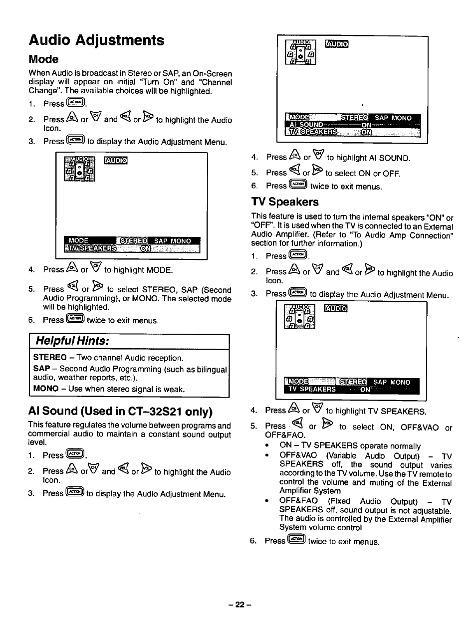 Audio adjustments, Mode, Al sound (used in ct-32s21 only) | Tv speakers, Mode al sound (for ct-32s21 only), Helpful hints, Ne a yd £ri | Panasonic CT-3268S User Manual | Page 22 / 36