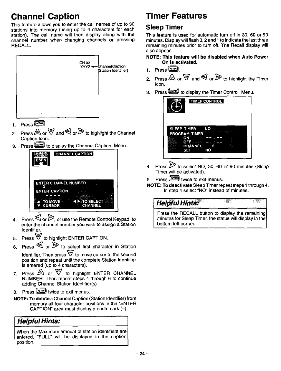 Channel caption, Timer features, Sleep timer | Channel caption timer features, Helpfulhints | Panasonic CT-3268S User Manual | Page 24 / 36