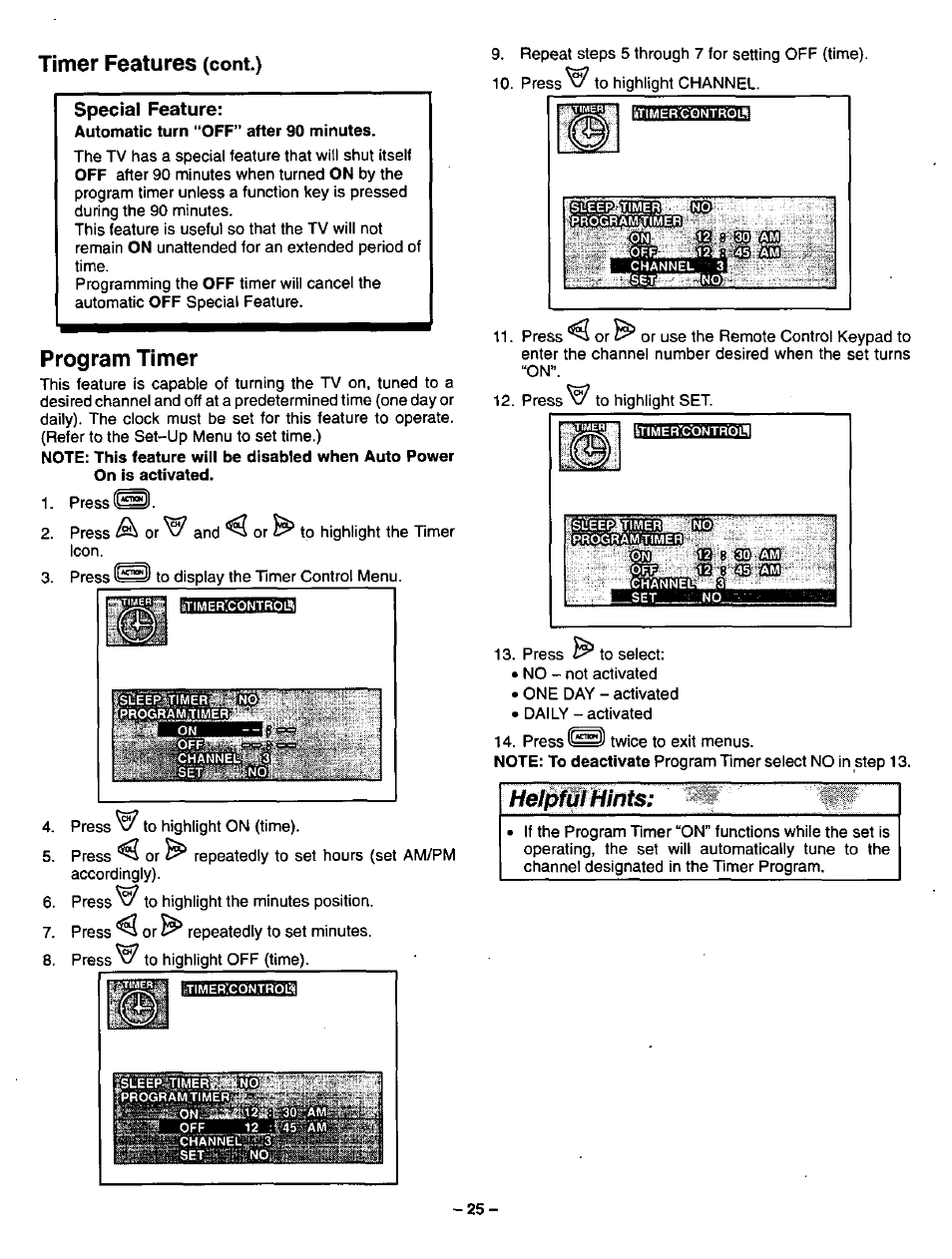 Timer features (cont.), Program timer, Timer features | Bw m, Hei 0 mhints, Cont.) special feature | Panasonic CT-3268S User Manual | Page 25 / 36