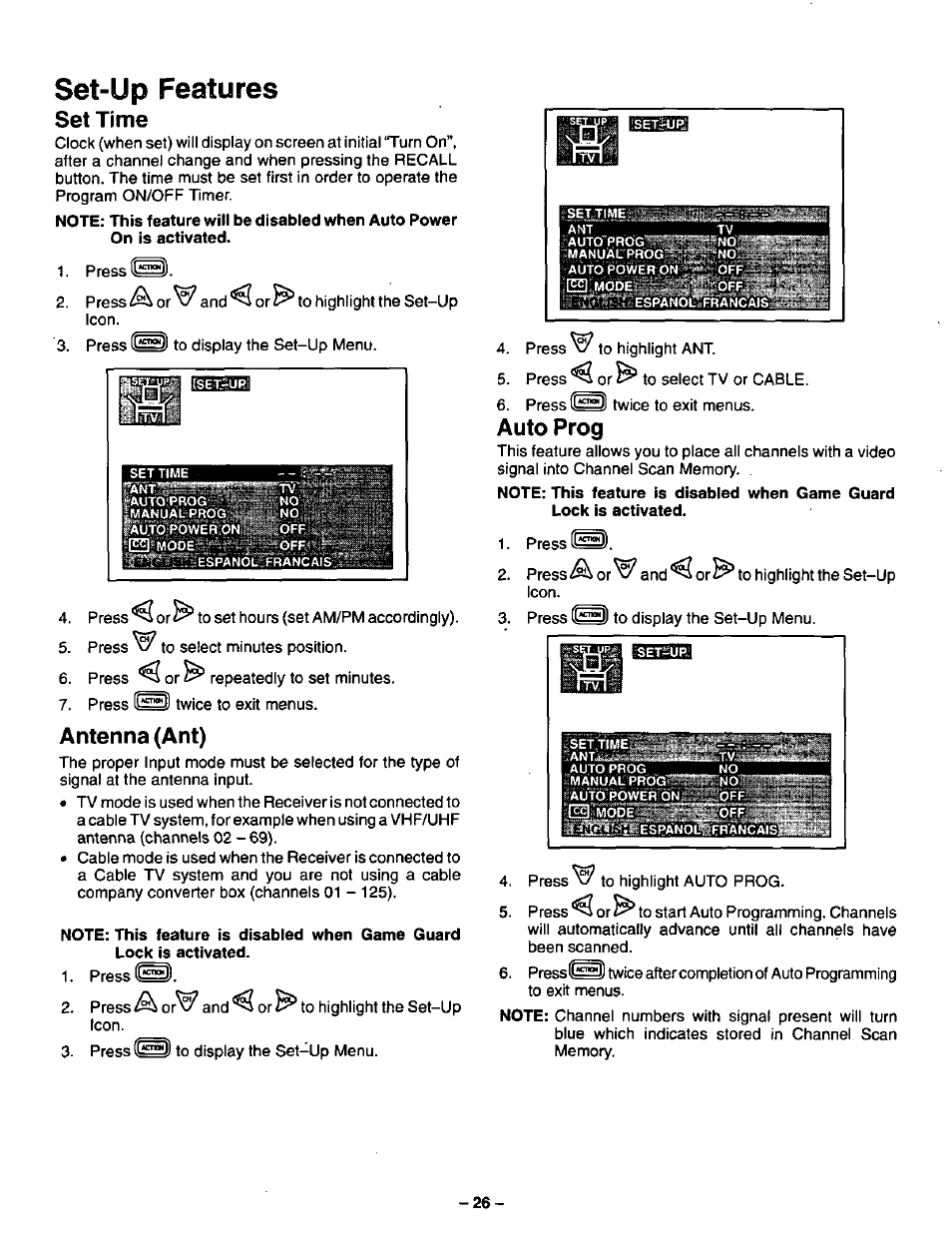 Set-up features, Set time, Antenna (ant) | Auto prog, Antenna (ant) auto prog | Panasonic CT-3268S User Manual | Page 26 / 36