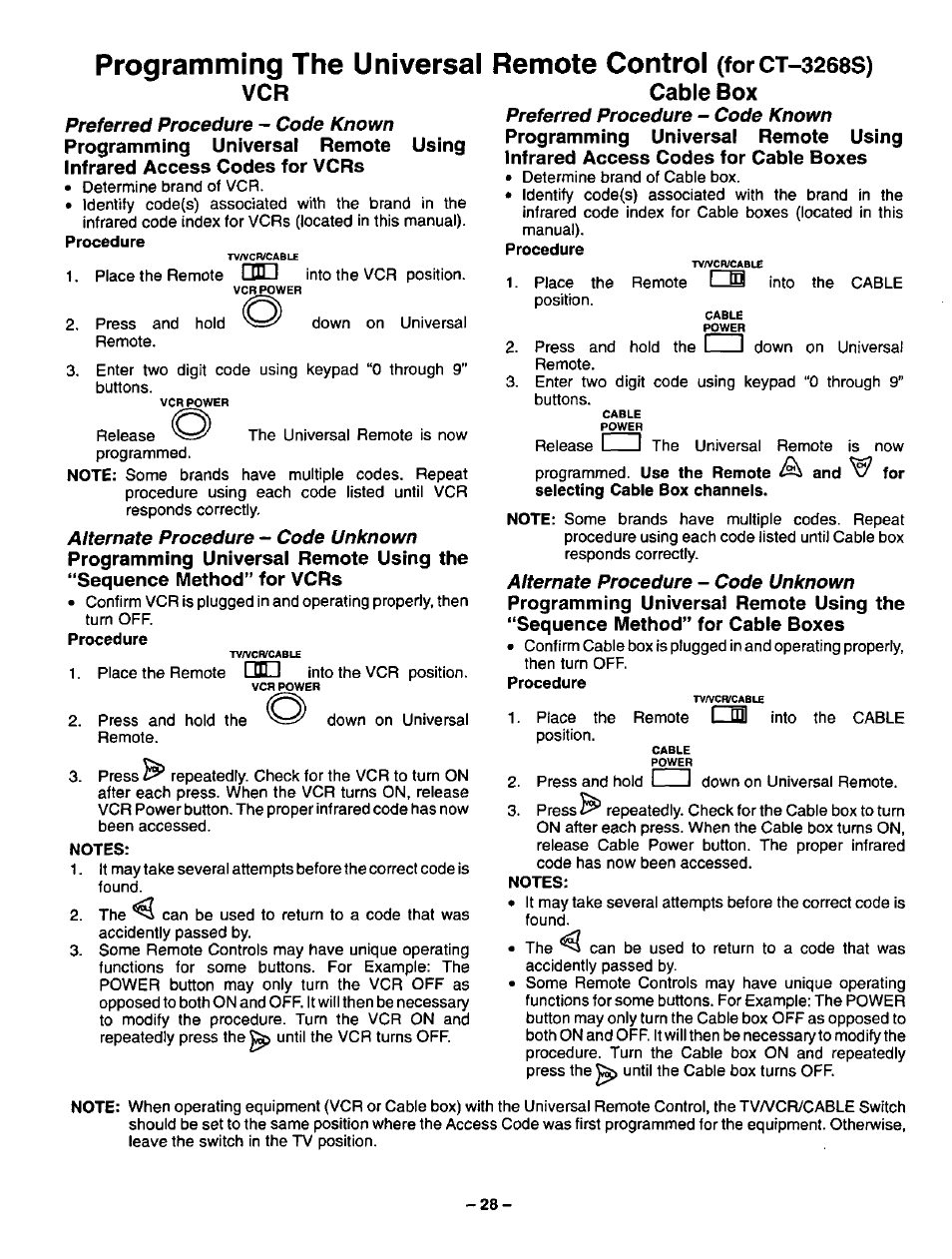 Programming the universal, Remote control (forct-3268s) cable box, Remote control | Forct-3268s) cable box, Preferred procedure, Aiternate procedure, I ffl. i, L el | Panasonic CT-3268S User Manual | Page 28 / 36