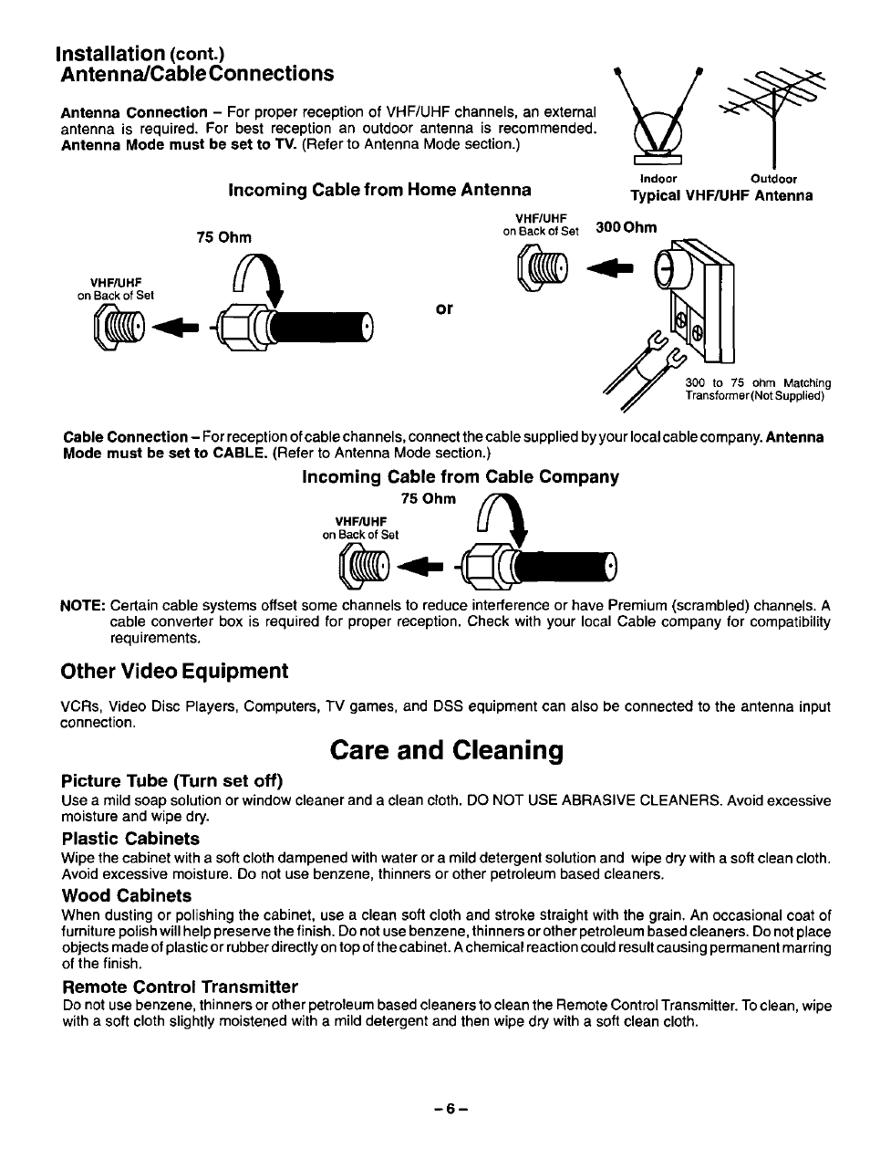 Installation (cont.), Antenna/cable connections, 75 ohm | Other video equipment, Care and cleaning, Antenna/cable connections other video equipment, Installation | Panasonic CT-3268S User Manual | Page 6 / 36