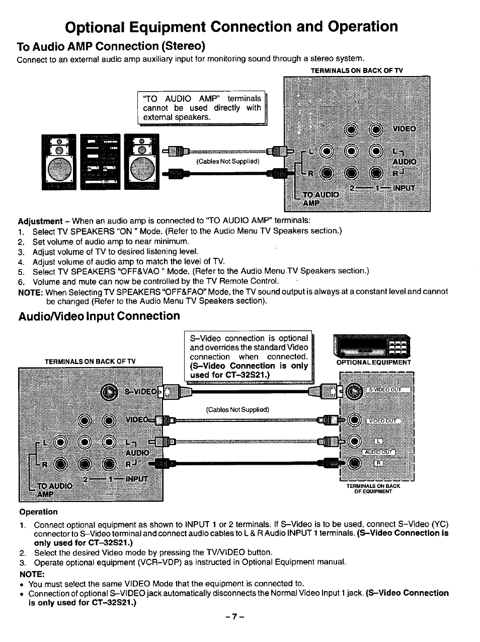 Optional equipment connection and operation, To audio amp connection (stereo), Audio/video input connection | Operation, Note, To audio amp connection, Audioa/ideo input connection | Panasonic CT-3268S User Manual | Page 7 / 36