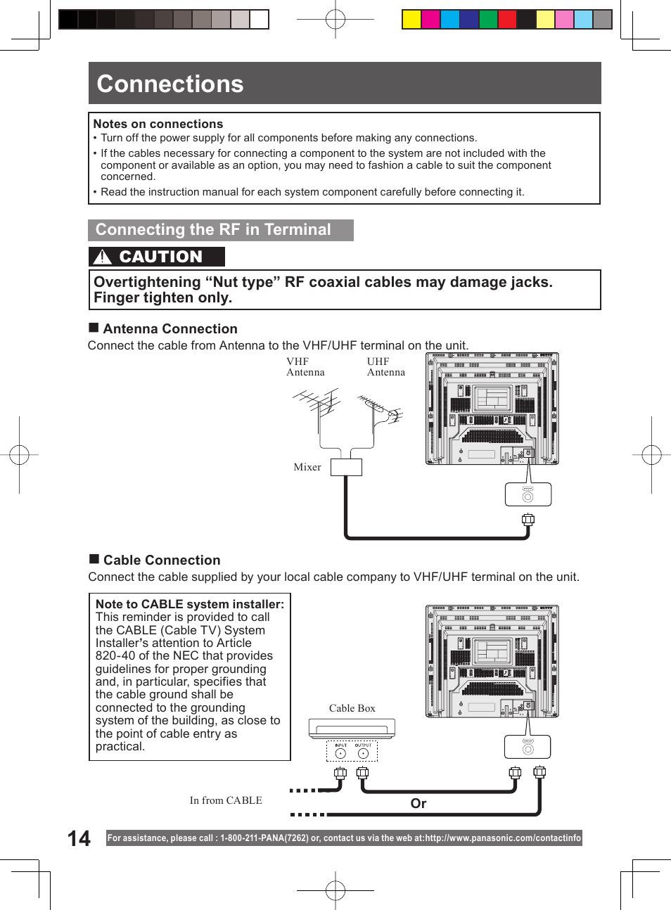Connections, Connecting the rf in terminal, Caution | Panasonic PV DF2004 User Manual | Page 14 / 84