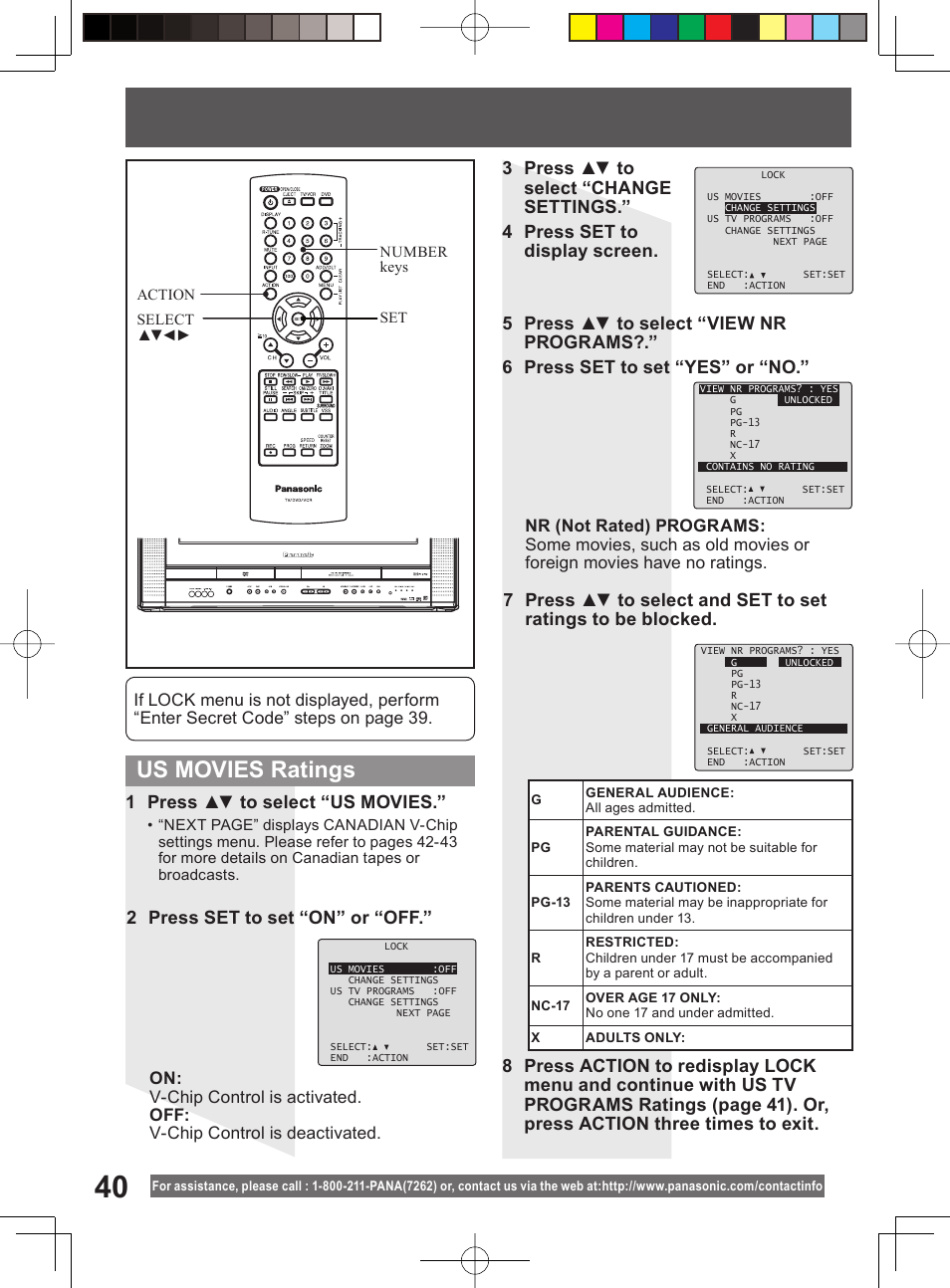 Us movies ratings, 1 press ▲▼ to select “us movies, 2 press set to set “on” or “off | Panasonic PV DF2004 User Manual | Page 40 / 84