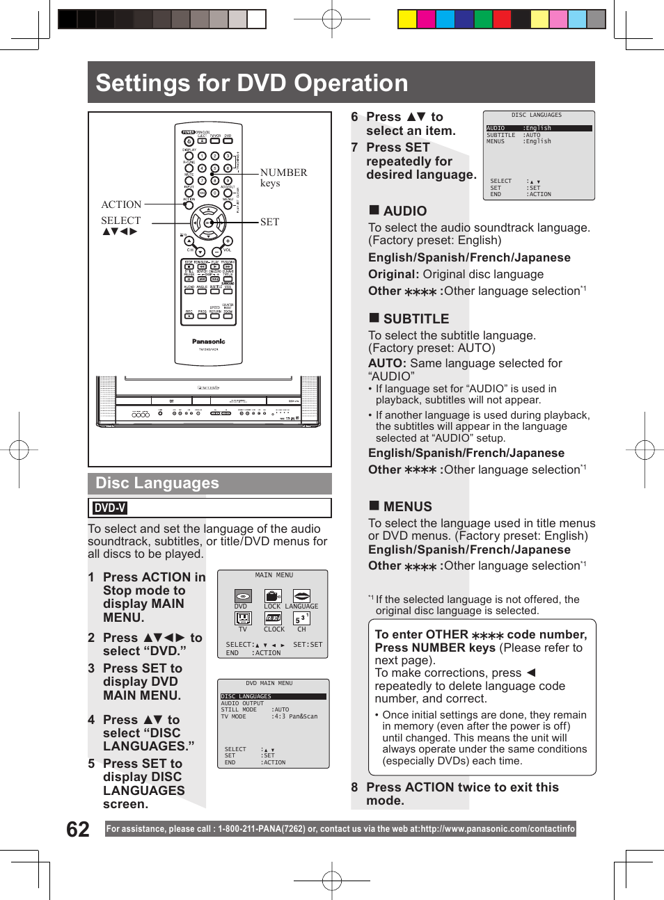 Settings for dvd operation, Disc languages, Audio | Subtitle, Menus | Panasonic PV DF2004 User Manual | Page 62 / 84