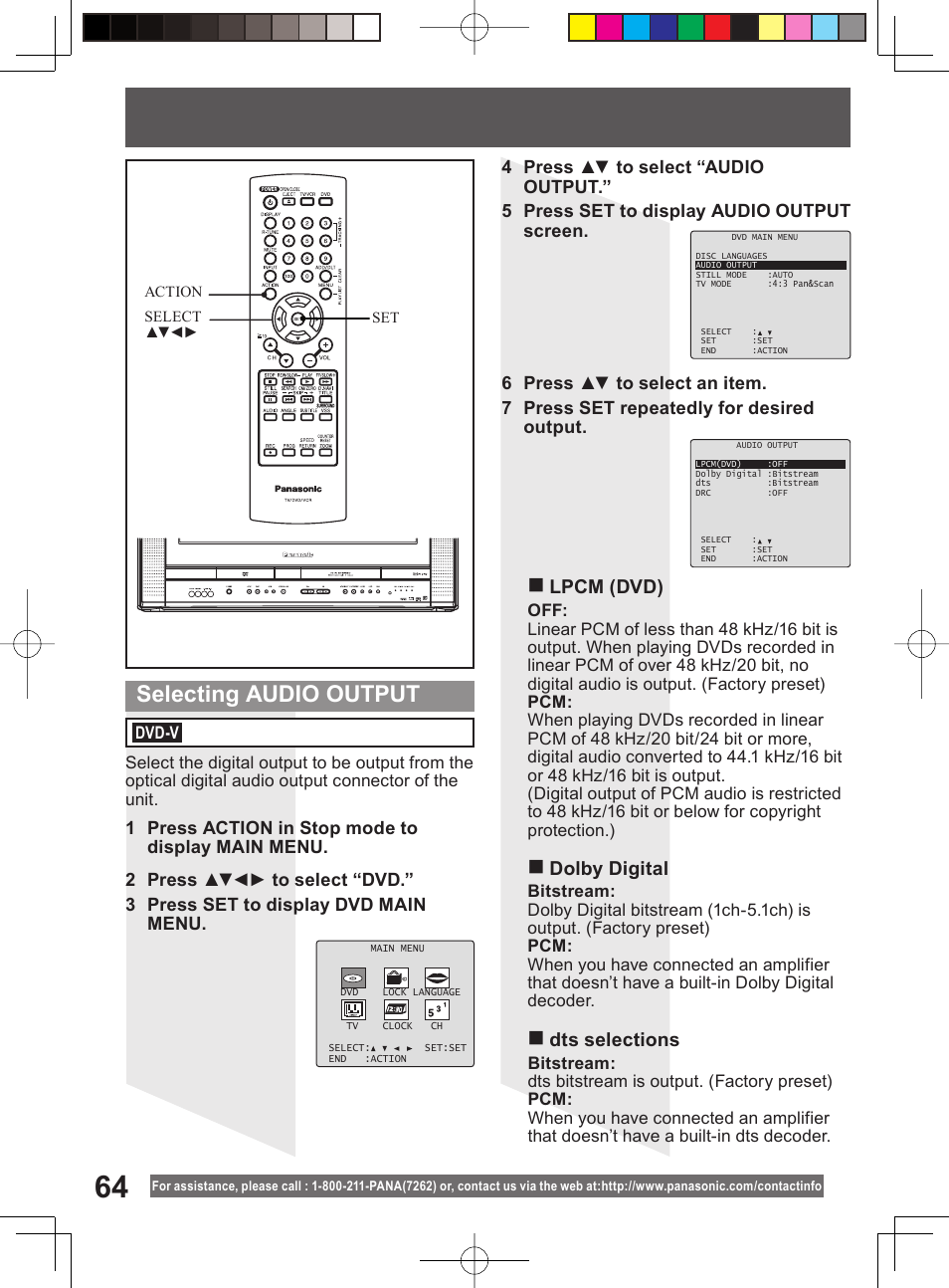 Selecting audio output, Lpcm (dvd), Dolby digital | Dts selections | Panasonic PV DF2004 User Manual | Page 64 / 84