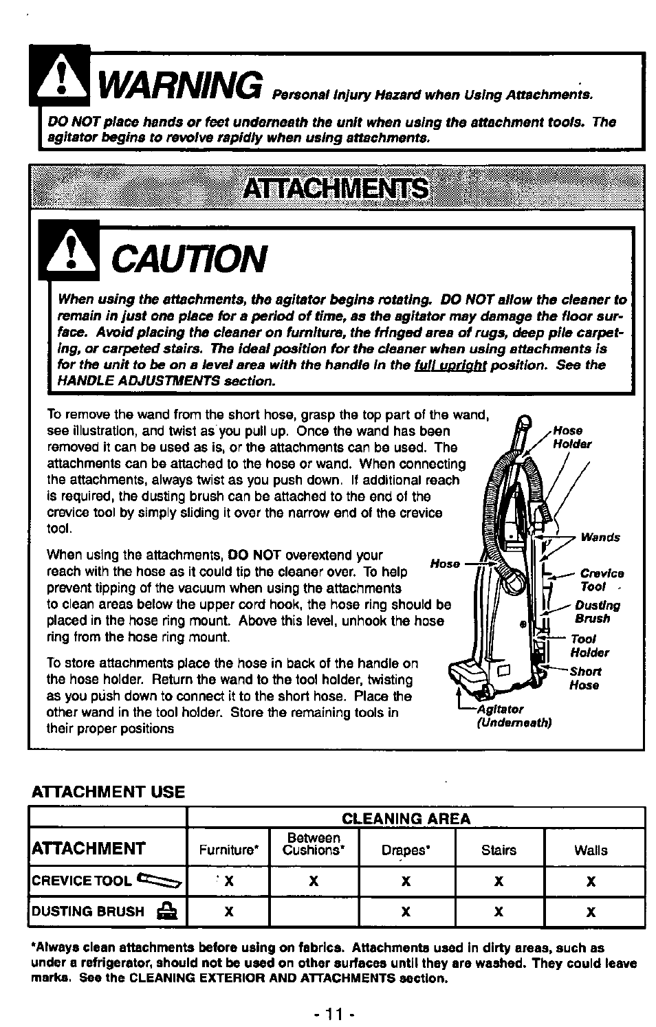 Warning, Caution, Attachmemtsf | Panasonic MC-V7305 User Manual | Page 11 / 40