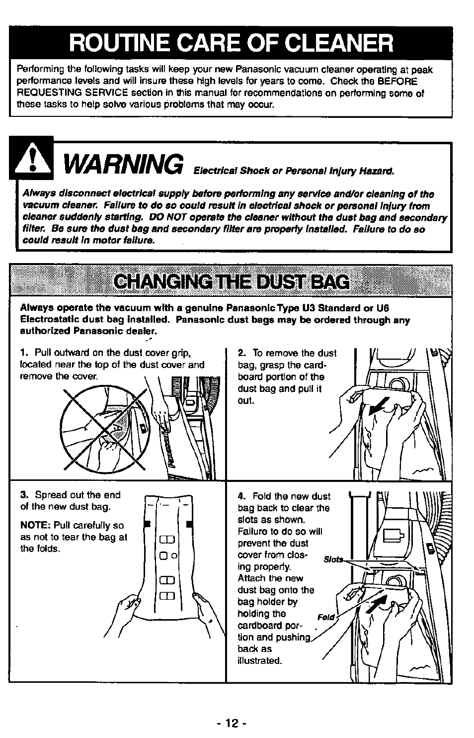 Routine care of cleaner, Warning | Panasonic MC-V7305 User Manual | Page 12 / 40