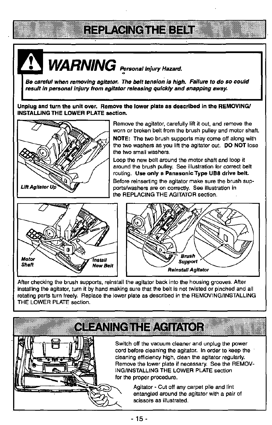 Warning, Leaning the agita | Panasonic MC-V7305 User Manual | Page 15 / 40