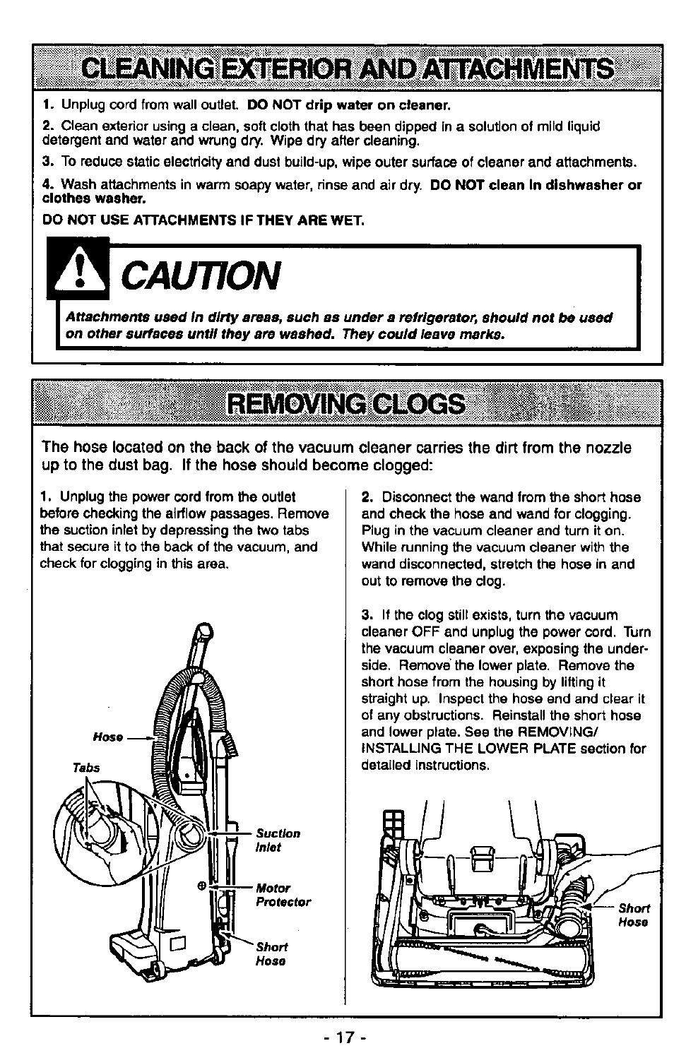 Caunon, Giîeaningl, 1emc№ing clogs | Panasonic MC-V7305 User Manual | Page 17 / 40